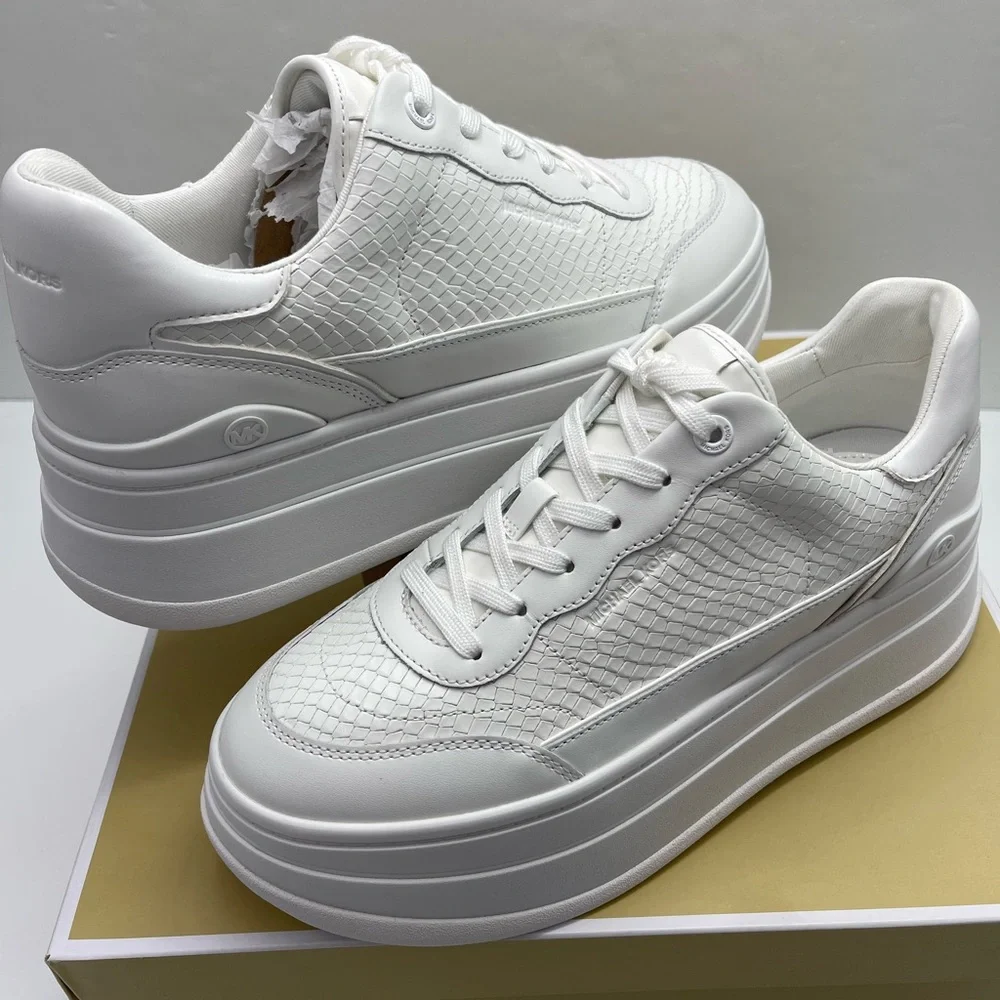 MICHAEL Kors All-White Platform Sneakers HAYES LACE UP EMBOSSED PRINTED LEATHER
